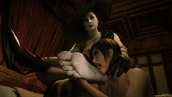 2girls ada_wong barefoot feet feet_licking female/female female_only foot_lick foot_worship giantess huge_feet initiation lady_dimitrescu licking_feet monster_girl resident_evil resident_evil_8:_village sinatra size_difference soles yuri