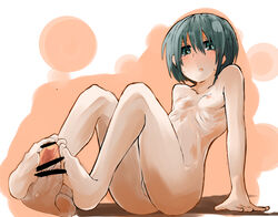 blush censored feet footjob green_eyes green_hair highres kino kino_no_tabi nipples nude open_mouth ribs short_hair sitting small_breasts sweat takasaki_aneki tomboy