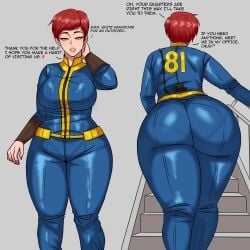 1female 1girl 1girls ass ass_bigger_than_head ass_focus big_ass big_breasts big_butt breasts brown_eyes butt curvy demon_dog english english_commentary english_dialogue english_text fallout fallout_4 hips light-skinned_female light_skin makeup mature mature_female older_female pixie_cut red_hair short_hair simple_background smile solo solo_focus standing thick thick_ass thick_butt thick_hips thick_thighs vault_dweller vault_girl vault_suit video_game_character video_games walking wide_hips
