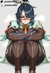 1girl ai_generated alternate_breast_size aqua_eyes aqua_hair ass black_hair blue_hair bodystocking breasts cape clothing colored_inner_hair crossed_arms earrings eyeliner eyewear female genshin_impact glasses gloves green_hair hair_ornament hugging_own_legs jennieart02 jewelry large_breasts long_hair looking_at_viewer looking_to_the_side makeup multicolored_hair patreon patreon_logo patreon_username red-framed_eyewear semi-rimless_eyewear simple_background sitting solo sweat tassel tassel_earrings thick_thighs thighs twitter twitter_username two-tone_hair watermark xianyun_(genshin_impact)