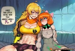 2girls abs afterglow ai_generated amadeus_v bed biceps blonde_hair blue_walls blush brown_jacket bulge cowboy_shot embrace eye_contact freckles futanari green_eyes grey_dress huge_muscles large_breasts large_pectorals leaning lilac medium_breasts morning muscular_female open_mouth orange_hair penny_polendina robot rwby short_hair sitting small_penis smile tall very_long_hair yang_xiao_long yellow_top