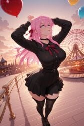 1girl ai_generated balloon black_legwear blue_eyes breasts choker cityscape cloud dress hair_between_eyes hi_res high_quality high_resolution kiraamane large_breasts long_hair moon outdoors patreon pink_hair pleated_skirt red_ribbon ribbon seductive sexy skirt sky solo standing thighhighs uncensored watermark zettai_ryouiki