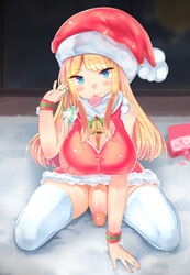 1futa bell bimbo blonde_hair blue_eyes blush breasts christmas cleavage condom condom_in_mouth erection futa_only futanari intersex large_breasts mistletoe mouth_hold penis penis_under_skirt santa_claus_(cosplay) santa_hat sitting solo thighhighs uncensored urakata_(artist)