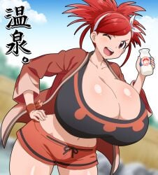 1girls big_breasts breasts cleavage creatures_(company) female female_only flannery_(pokemon) game_freak hitokiwa_kenchin huge_breasts light-skinned_female light_skin looking_at_viewer milk_bottle nintendo onsen pokemon pokemon_masters pokemon_masters_ex red_hair smile solo upper_teeth