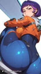 1girl :t ai_generated artist_name ass ass_focus bangs blizzard_entertainment blunt_bangs blush bodysuit breasts from_behind gloves hugging_own_legs juno_(overwatch) large_breasts looking_at_viewer looking_back multicolored_hair orange_eyes overwatch overwatch_2 patreon pout purple_hair senpai_pixels sensitive shiny short_hair sitting skin_tight solo