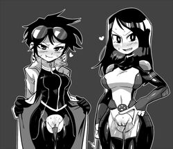 2girls asian black_hair blush breasts clothing crap-man cutout eyewear eyewear_on_head female female_only humanoid jubilation_lee jubilee marvel monochrome multiple_girls mutant outerwear pale_skin pussy pussy_juice simple_background sunglasses_on_head tagme wide_hips x-23 x-men