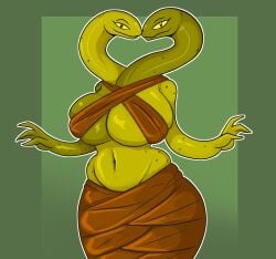 2_heads 4_fingers adventure_time belly_button captain_dagon cartoon_network exposed_breasts female_only green_body green_scales heart_symbol hi_res huge_breasts life_(adventure_time) long_skirt looking_at_viewer red_eyes snake snake_girl solo_female thick_thighs voluptuous_female wide_hips yellow_sclera