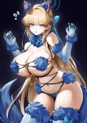 1girls :o absurdres alternate_breast_size_(larger) animal_ear_fluff animal_ears blonde_hair blue_archive blue_eyes blue_halo blue_thighhighs blush breasts cleavage commentary cosplay cowboy_shot curvy deep_skin elbow_gloves embarrassed fate/grand_order fate_(series) female fur_trim gloves hair_ornament halo hands_up highres huge_breasts large_breasts long_hair looking_at_viewer mash_kyrielight mash_kyrielight_(dangerous_beast) mash_kyrielight_(dangerous_beast)_(cosplay) narrow_waist navel official_alternate_hairstyle open_mouth paw_pose revealing_clothes rourou_(been) simple_background skindentation solo tail thick_thighs thighhighs thighs toki_(blue_archive) underboob untranslatable_commentary