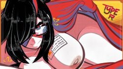 1girls 2026 black_hair boltycat borrowed_character breasts eyepatch female female_focus female_only girls glasses hair_over_one_eye lifting_blanket looking_at_viewer naked naked_female nipples nude nude_female original solo solo_female solo_focus thighs type-r_(birdblitz) warning_label