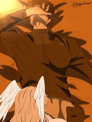 blowjob clothed clothed_sex cock_worship dark-skinned_male dark_skin dominant dominant_female domination eunie_(xenoblade) femdom fluffy_hair glasses head_between_legs head_between_thighs head_wings high_entia light-skinned_female light_skin long_hair monochrome oral oral_sex pants_down pants_pulled_down pulling_hair taion_(xenoblade) wings wings_on_head xenoblade_(series) xenoblade_chronicles_3