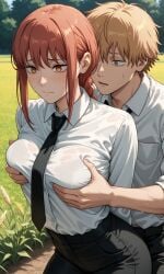 1male1female ai_generated blush chainsaw_man clothed_female_clothed_male denji_(chainsaw_man) grope_breast grope_chest grope_from_behind groped groped_from_behind groping groping_breasts groping_from_behind makima_(chainsaw_man) red_hair red_hair_female redhead redhead_female touching_breasts