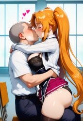 ai_generated big_breasts eyes_closed high_school_dxd intimate kissing matsuda_(high_school_dxd) romantic shidou_irina shirt_up skirt_up steamy_breath sweating twintails