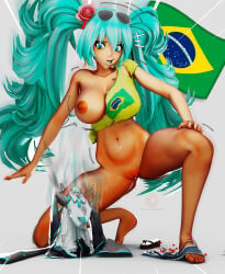 2girls 3d areolae big_breasts blue_hair bottomless brazilian_miku breasts breasts_out chernosize clothing female female_only giantess hatsune_miku light-skinned_female light_skin long_hair micro nipples nude nude_female shrinking shrunk shrunken_female size_difference vocaloid world_cup