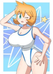 1girl breasts cleavage competition_swimsuit green_eyes hand_on_own_hip highleg highres huge_breasts kasumi_(pokemon) large_breasts looking_at_viewer misty_(pokemon) misty_(pokemon_hgss) nintendo one-piece_swimsuit one_eye_closed open_mouth orange_hair pokemon pokemon_heartgold_and_soulsilver portrait short_hair smile solo sportswear star_(symbol) swimsuit thighs white_one-piece_swimsuit wink