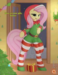 2016 animal_genitalia animal_penis animated anthro augustbebel belt big_bulge bulge christmas christmas_tree clothed clothing dialogue dickgirl english_text equine equine_penis fluttershy_(mlp) friendship_is_magic furry gift hair hat holidays horse horsecock inside intersex long_hair looking_at_viewer mammal my_little_pony non-anthro open_mouth patreon penis penis_outline pink_hair pony ribbons santa_hat solo standing straight_hair text tree