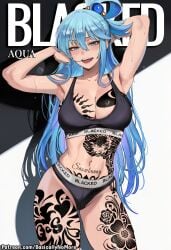 1girl ai_generated anime aqua_(konosuba) artist:basicallynomore black_panties black_sports_bra blacked blacked_clothing female konosuba looking_at_viewer pubic_tattoo qos qos_clothing qos_tattoo queen_of_spades queen_of_spades_symbol queen_of_spades_tattoo sportswear tattoo tattoos white_skin