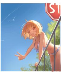 1girl absurdres against_railing arcueid_brunestud bikini blonde_hair blue_sky breasts cleavage fang frilled_bikini frills hair_flowing_over highres large_breasts looking_at_viewer medium_hair navel o_taku open_mouth railing red_eyes road_sign sign skin_fang sky solo stop_sign swimsuit tree tsukihime v white_bikini