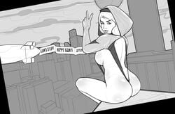 arteria ass breasts bubble_butt dat_ass female female_only gesture gwen_stacy hairband highres hood hoodie large_breasts long_hair looking_at_viewer marvel monochrome sideboob solo spider-gwen spider-man_(series) tagme v