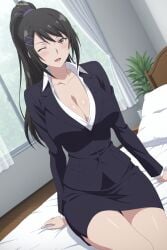 1girl ai_generated bed black_hair black_jacket black_skirt blush breasts brown_eyes chabashira_sae classroom_of_the_elite cleavage collarbone collared_shirt curtains digitalwaifugallery formal hair_ornament hairclip hi_res high_ponytail high_quality high_resolution indoors jacket large_breasts long_hair long_sleeves looking_at_viewer office_lady on_bed one_eye_closed open_mouth patreon pencil_skirt pillow ponytail purple_scrunchie scrunchie seductive sexy shirt sitting skirt smile solo suit thighs uncensored watermark white_shirt window