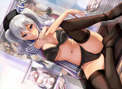 1girls anthro armadillo-tokage book bra breasts female female_only garter_belt kantai_collection kashima_(kantai_collection) long_hair navel open_clothes open_shirt panties purple_eyes shirt solo spread_legs tied_hair twintails underwear white_hair