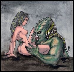 1boy 1girls alien alien_vs_predator ass black_hair breasts female interspecies krisstenredfox machiko_noguchi male nipples nude predator_(franchise) traditional_media_(artwork) xenophilia yautja