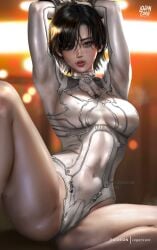 1girls arms_behind_head arms_up bare_legs bare_thighs blue_eyes bodysuit brown_hair evie_(stellar_blade) female female_only freckles freckles_on_face logan_cure midriff navel navel_visible_through_clothes short_hair skin_tight skinsuit skintight_bodysuit spread_legs stellar_blade tagme thick_thighs thighs white_suit
