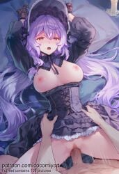 1boy 1girl 2026 ai_generated arms_up black_dress black_gloves black_headwear black_swan_(honkai:_star_rail) blush bonnet breasts breasts_out candle clitoris clothed_female_nude_male clothed_sex clothes_lift cocomiyart corset crossed_bangs dress dress_lift frilled_dress frills gloves gothic_lolita hetero highres honkai:_star_rail large_breasts lolita_fashion long_hair long_sleeves looking_at_viewer lying missionary nipples no_panties nsfw nude on_back on_bed open_mouth penis pillow pillow_grab pov purple_eyes purple_hair pussy sex solo_focus spread_legs torso_grab twintails uncensored vaginal very_long_hair