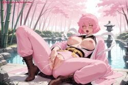 1girl ai_generated anus bangs blush bodysuit boots breasts breasts_apart breasts_outside cherry_blossoms cum day female_ejaculation gloves hi_res high_quality high_resolution jigokuraku kiraamane large_breasts masturbation nipples no_bra open_mouth outdoors patreon pink_hair pink_pants pink_skin pussy seductive sexy short_hair solo spread_legs spread_pussy tao_fa tongue tongue_out tree uncensored watermark
