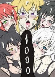 1boy 5girls after_fellatio aima_zero black_hair blake_belladonna blonde_hair blue_eyes cum fellatio follower_celebration pov pyrrha_nikos red_hair ruby_rose rwby semen semen_on_face violet_eyes weiss_schnee white_hair yang_xiao_long yellow_eyes