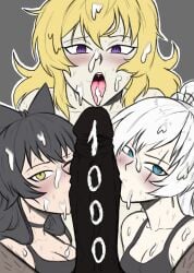 1boy 3girls aima_zero black_hair blake_belladonna blonde_hair blue_eyes cum fellatio follower_celebration pov rwby semen semen_on_face violet_eyes weiss_schnee white_hair yang_xiao_long yellow_eyes