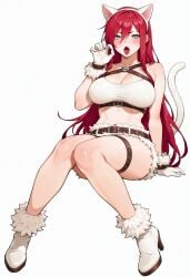 ai_generated cat_ears cat_tail fur green_eyes invisible_chair katarina_du_couteau katresu kitty_cat_katarina large_breasts league_of_legends legs_together legs_together_feet_apart long_hair red_hair scar scar_across_eye simple_background thick_thighs tongue tongue_out white_background white_footwear white_gloves