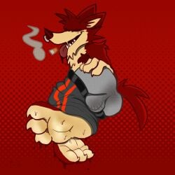 2022 3_fingers 3_toes anthro ass barefoot big_ass bulge canid canine canis closed_eyes decker_(go!_go!_hypergrind) dotted_background foot_fetish furry furry_only gay go!_go!_hypergrind male male_only nose_piercing piercing red_background red_fur simple_background sweat tail underwear video_games wildphunk wolf yaoi