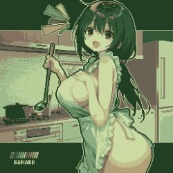 1girl 1girls apron artist_name ass bare_legs black_hair breasts cooking food groin highres holding indoors kitchen large_breasts long_hair looking_at_viewer low_ponytail naked_apron no_panties open_mouth original original_character pixel_art sideboob solo solo_focus specialhanako