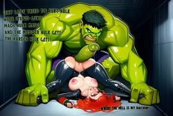 1boy 1girls ai_generated angry areolae avengers big_breasts big_penis black_widow_(marvel) bodysuit breasts breasts_out dialogue english_text extreme_size_difference female glowing_eyes green_body green_eyes green_skin huge_cock hulk hulk_(series) imminent_rape impossible_fit it'll_never_fit killkong larger_male larger_male_smaller_female legs_apart legs_held_open light-skinned_female light_skin male marvel marvel_comics nipples precum precum_drip red_hair restrained ripped_bodysuit ripped_clothing size_difference smaller_female tagme text