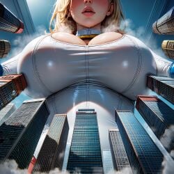 ai_generated blush bodysuit city giantess power_girl sweat sweating viewed_from_below