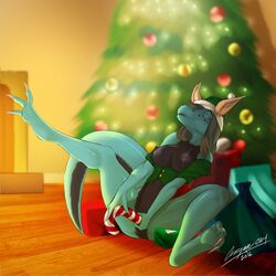 2016 anthro avi avi_(character) breasts cenegan024_(artist) christmas closed_eyes dragon female holidays masturbation navel nipples solo vaginal_penetration