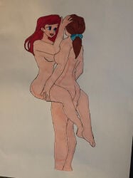 2girls ariel_(the_little_mermaid) beauty_and_the_beast_(1991_film) belle_(beauty_and_the_beast) brown_hair disney red_hair the_little_mermaid yuri