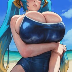 ai_generated arm_under_breasts bursting_breasts cleavage gigantic_breasts huge_breasts league_of_legends lips misssera one-piece_swimsuit riot_games shiny_clothes sona_buvelle sweat swimsuit