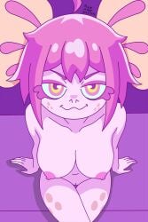 2:3 anthro areolae axolotl axolotl_girl big_breasts color female_only freckles hi_res looking_at_viewer naughty_face nipples philelmago pink_body pink_eyes pink_hair pussy_lips signature sitting smiling solo_female thighs vitzy_(vitzypie)