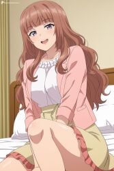 1girl ai_generated akagawa_rika bed blunt_bangs blush breasts brown_hair digitalwaifugallery elf_(company) hi_res high_quality high_resolution indoors jacket large_breasts long_hair looking_at_viewer on_bed open_mouth patreon pillow pink_jacket purple_eyes seductive sexy shirt sitting skirt smile solo thighs twitter_username uncensored watermark white_shirt