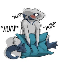 alien amphibian blue_skin blush dry_humping grinding long_tail male masturbation nude petresko petresko_(character) pillow seyloid sitting solo spots spotted_skin webbed_feet white_skin