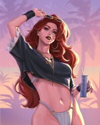 1girl 1girls adjusting_eyewear arm_up artist_name artist_request bikini black_nails black_shirt breasts can chest_tattoo cosplay crop_top cropped_shirt drinking_straw earrings eyelashes female female_focus freckles from_below grand_theft_auto grand_theft_auto_vi green_eyes gta_vi_cover_girl highleg highleg_bikini highres holding holding_can hoop_earrings jewelry league_of_legends lips lipstick long_hair looking_at_viewer makeup medium_breasts miss_fortune multiple_necklaces nail_polish navel necklace palm_tree parted_lips red_hair red_lips rib_tattoo shirt short_sleeves solo solo_focus sunglasses tattoo tree white_bikini yellow-framed_eyewear