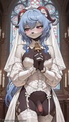 1girl ai_generated black_hair blue_eyes blush body_fur breasts decurse elbow_gloves fangs furry furry_female ganyu_(genshin_impact) genshin_impact gloves looking_at_viewer medium_breasts navel nipples nude open_mouth red_background shiny short_hair smile solo string teeth upper_body