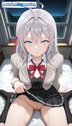 1girls 2026 ai_assisted ai_generated alisa_mikhailovna_kujou anime bed hi_res high_quality high_resolution highres indoors long_hair night night_sky on_bed patreon patreon_username sitting skirt skypassion stable_diffusion tokidoki_bosotto_russian_de_dereru_tonari_no_alya-san wariza watermark window