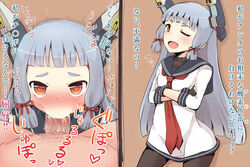 ... 1boy ? bangs blunt_bangs blush cowboy_shot crossed_arms fellatio female hair_ornament hair_ribbon headgear heart heart-shaped_pupils kantai_collection long_sleeves male_pubic_hair murakumo_(kantai_collection) one_eye_closed oral penis pov pubic_hair ribbon saliva silver_hair solo_focus standing straight symbol-shaped_pupils text tie translation_request yurarin