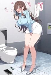 1girls ai_generated between_breasts blush breasts brown_hair female hand_between_own_legs have_to_pee large_breasts long_hair matching_hair/eyes mature_female office_lady on_the_phone open_mouth original pencil_skirt phone phone_call skirt toilet white_skirt