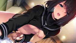 areolae black_hair black_skirt blue_eyes blush breast_grab breasts censored cowgirl_position cum cum_on_clothes cum_on_hand cum_on_penis curtains eyebrows_visible_through_hair faceless_male female game_cg hamashima_shigeo handjob highres indoors legs looking_at_viewer lying mole mole_under_eye mosaic_censoring mouth_open navel nipples open_clothes open_mouth penis pov school_uniform shinsou_noise short_hair skirt small_breasts solo_focus straddling thighs yukimoto_sakura