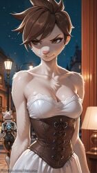 1girl ai_generated animal_ears bangs black_horns breasts candle collarbone completely_nude dark-skinned_female dark_skin decurse demon_girl earrings furry furry_female hair_between_eyes hoop_earrings horns indoors jewelry large_breasts lips long_hair mole mole_under_eye nipples nude overwatch parted_lips red_eyes sheep_girl solo tail tracer upper_body watermark white_hair window