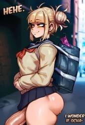 1girl 2026 2d absurd_res absurd_resolution absurdres ai_generated artist_name ass bag bags_under_eyes blonde_hair blue_sailor_collar blue_skirt blunt_bangs blurry blurry_background blush boku_no_hero_academia breasts cardigan closed_mouth collar condom condom_wrapper double_bun english_text erection from_side futanari hair_bun hi_res high_quality high_resolution highres ichislop image long_sleeves messy_hair miniskirt my_hero_academia neckerchief no_panties outdoors penis pleated_skirt red_neckerchief sailor_collar school_bag school_uniform serafuku sidelocks skirt smile solo standing toga_himiko uncensored uncensured veins veiny_penis yellow_eyes