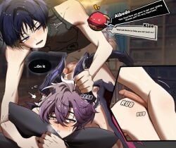 blush blush_lines blushed_face blushing_male dick dominant_male domination dripping_cum durin_(genshin_impact) from_behind from_behind_position gay gay_domination genshin_impact hard_cock hard_on horns kubikun male/male phone_ringing precum rubbing_penis scaramouche_(genshin_impact) shy_male sweat sweating teasing wanderer_(genshin_impact)